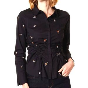 KAREN MILLEN Star Embroidered Shirt Sz 6 Black Fitted Ruched